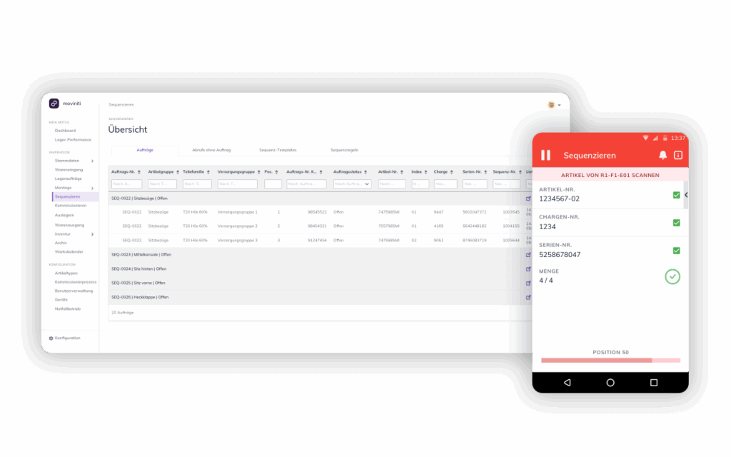 Just‑in‑Sequence Software für Logistik mit Web‑Übersicht und mobilem Scanprozess zur sequenzierten Auftragsbearbeitung
